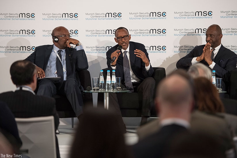 President Kagame speaks during a panel discussion on Securing the Sahel at the 54th edition of the Munich Security Conference in Germany yesterday. On his right is President Roch M....