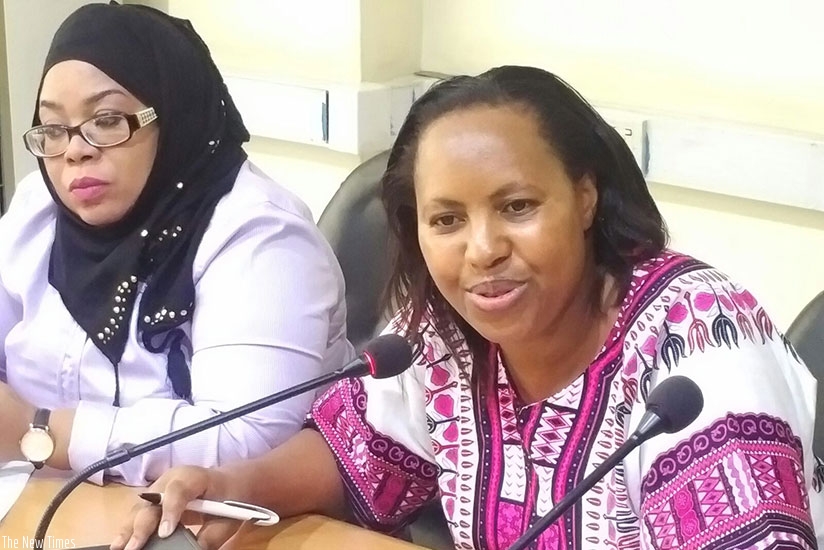 Muhia during a news conference earlier this week in Dodoma before the team headed to Kahama. On her left is MP Maryam Ussi Yahya (Tanzania). James Karuhanga.