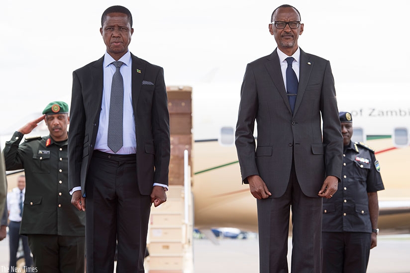Presidents Paul Kagame and Edgar Lungu shortly after the Zambian leaderu2019s arrival at Kigali International Airport yesterday. President Lungu is in Rwanda for a two-day state ....