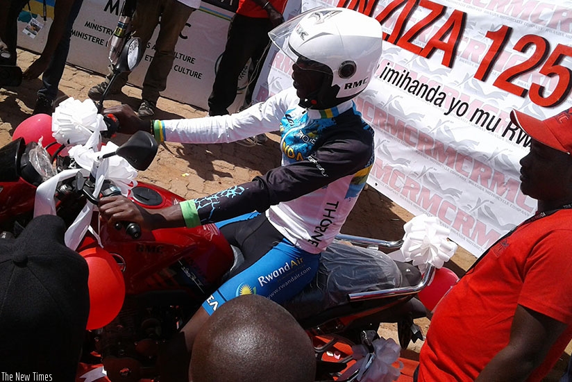 Nsengimana recieved a motorcycle during last yearu2019s Tour du Rwanda. P.  Kamasa