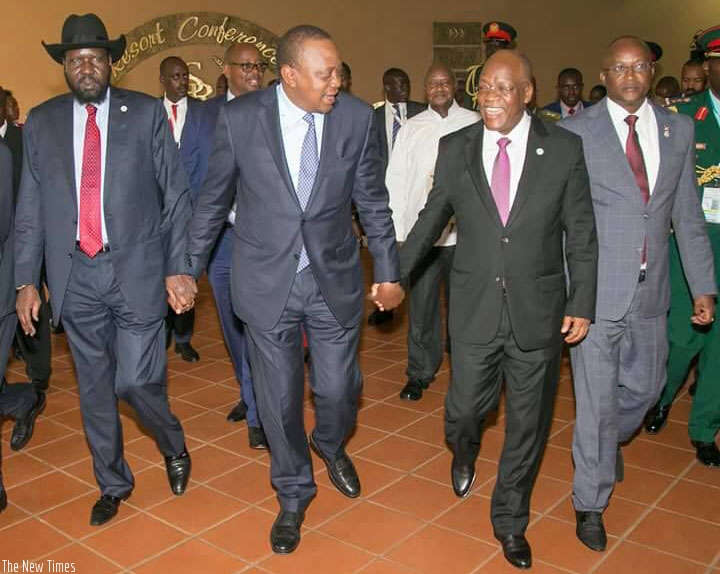 L-R: Presidents Salva Kiir (South Sudan), Uhuru Kenyatta (Kenya) and John Magufuli of Tanzania at the EAC summit in Kampala, Uganda this week. Courtesy.   