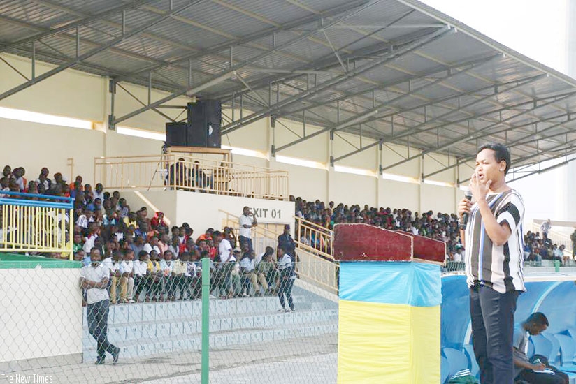 Minister Mbabazi speaking during an awareness campaign against drugs in Rubavu, last month. Courtesy. 