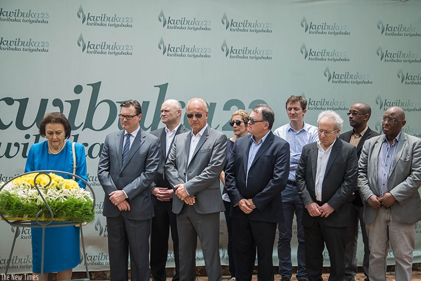 Sybill Storz, managing director of KARL STORZ, Professor Jacques Marescaux, and members of IRCAD delegation pay tribute to the 1994 Genocide victims after visiting the memorial yes....