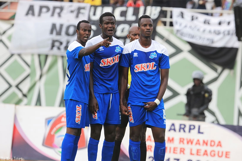 Rayon Sports players (L-R) Olivier Niyonzima, Ange Mutsinzi and Faustin Usengimana will be hoping to inspire their team to victory today. File. 