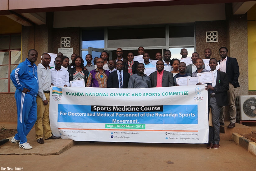 Local sports physicians pose for a photo after attending a five-day course in Sport Medicine at Amahoro National Stadium. D. Sikubwabo