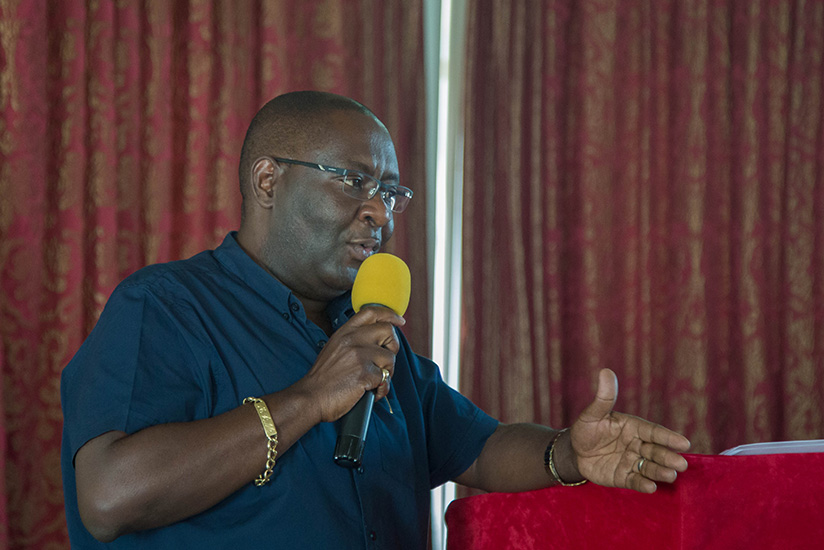Alain Mukuralinda speaks during the launch of his book on Thursday. (All photos by Nadege Imbabazi)