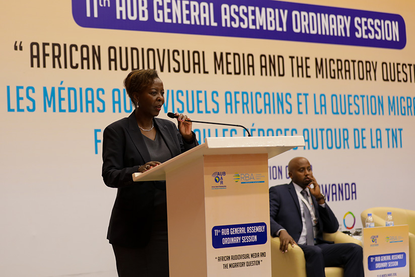Foreign affairs minister Louise Mushikiwabo delivers a keynote address at the opening of the 11th General Assembly of the African Union of Broadcasting at Kigali Convention Centre ....