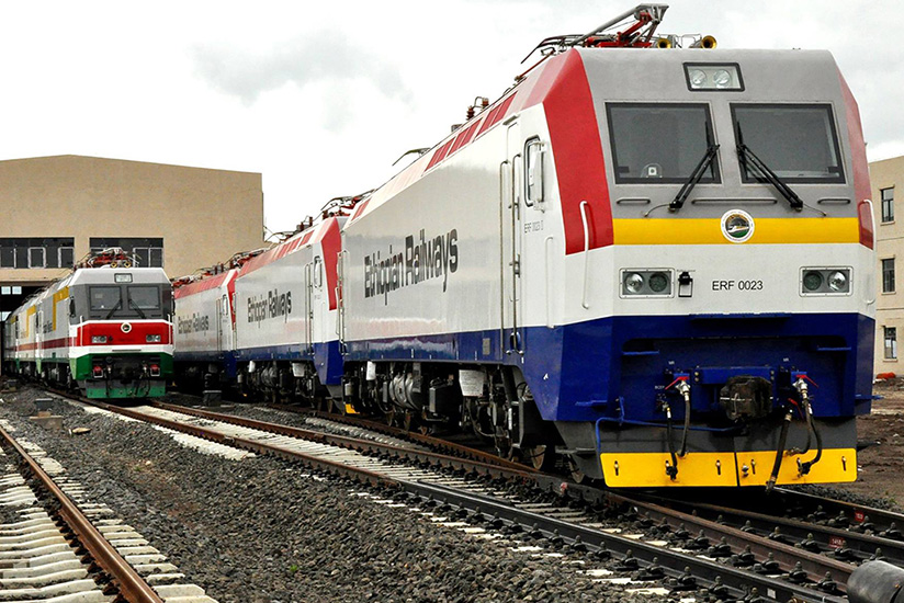 Trains at a standard gauge electrified railroad in Ethiopia. Arrangements to construct a similar railway between Tanzania's Isaka and Kigali are underway.  Net photo.