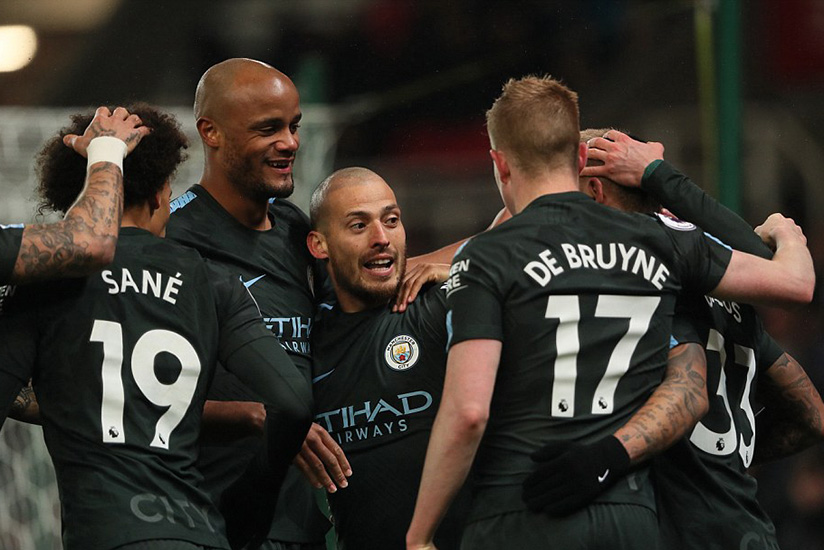 Silva celebrates after breaking the deadlock in Monday evening's Premier League clash at the Bet365 Stadium. Net photo