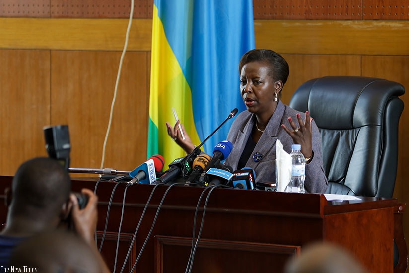Mushikiwabo addresses the news conference in Kigali yesterday. (Photos by Timothy Kisambira)