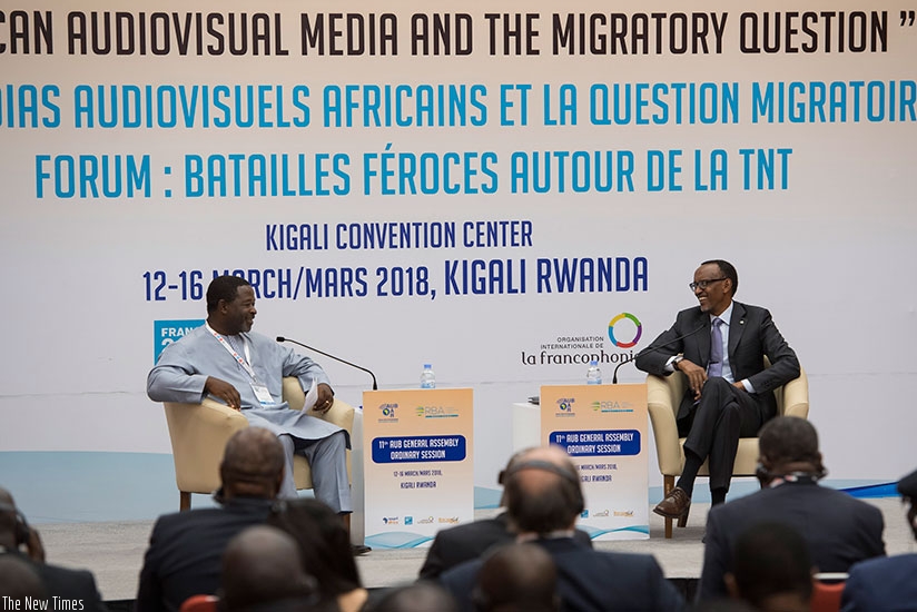 President Kagame during an interactive session with delegates attending the General Assembly of the African Union of Broadcasting at Kigali Convention Centre yesterday. Left is the....