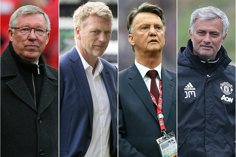 Man United have struggled to replace Sir Alex Ferguson (left), who handpicked David Moyes as his successor (2nd left), before Louis Van Gaal came in, and then Jose Mourinho (right). Net photo