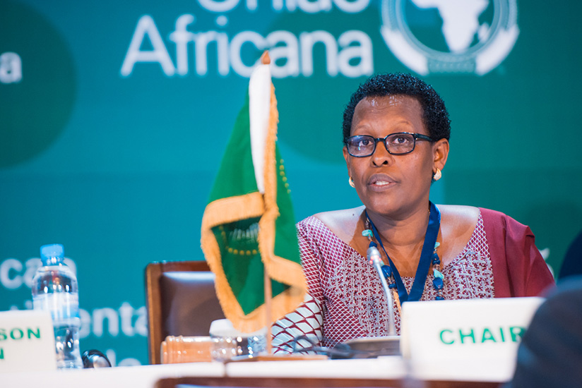 Rwanda's Ambassador to the AU and Ethiopia, Hope Tumukunde, speaks during the Permanent Representatives Committee Extraordinary Summit on the African Continental Free Trade Area at....
