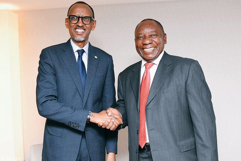 President Kagame and President Cyril Ramaphosa of South Africa during their meeting on the sidelines of the World Economic Forum in Davos in January. (Courtesy photo)