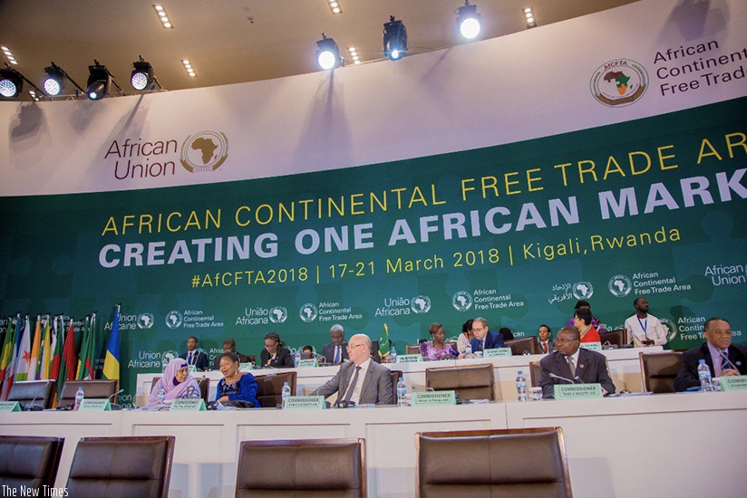 Foreign affairs ministers gathered at the Kigali Convention Centre are reviewing the draft of the Continental Free Trade Area Agreement ahead of its signing on Wednesday. (Courtesy)