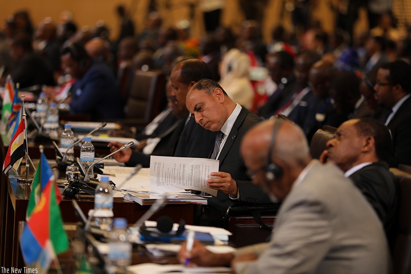 A delegate reads through documents at the Executive council of ministers of African Union meeting in Kigali. (Timothy Kisambira)