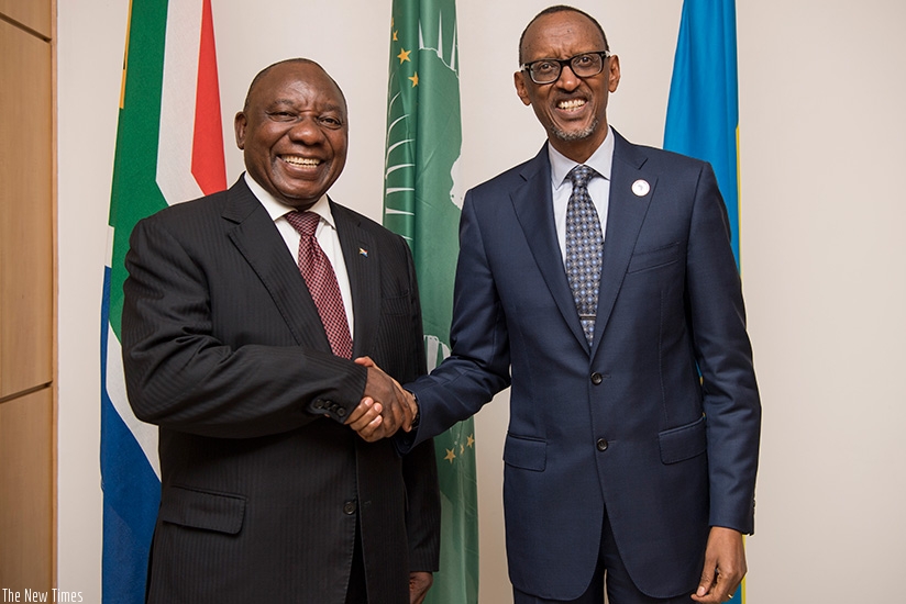 President Kagame receives South Africa's new President Cyril Ramaphosa to Rwanda ahead of the 10th Extraordinary Summit of the African Union Summit scheduled Wednesday. (Village Urugwiro)
