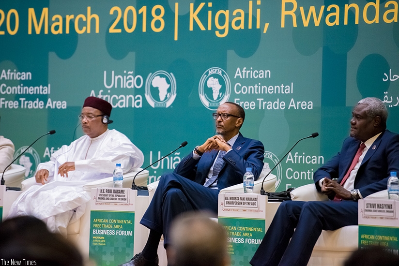President Kagame with the President of Niger and Champion of the CFTA Process, Mahamadou Issoufou, and  the Chairperson of the African Union Commission, Moussa Faki Mahamat, at the....
