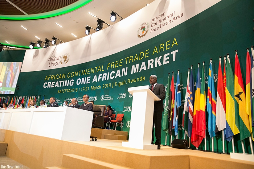 African Union Commission Chairperson Moussa Faki Mahamat delivers his remarks at the Heads of State and Government summit in Kigali yesterday. (Courtesy)