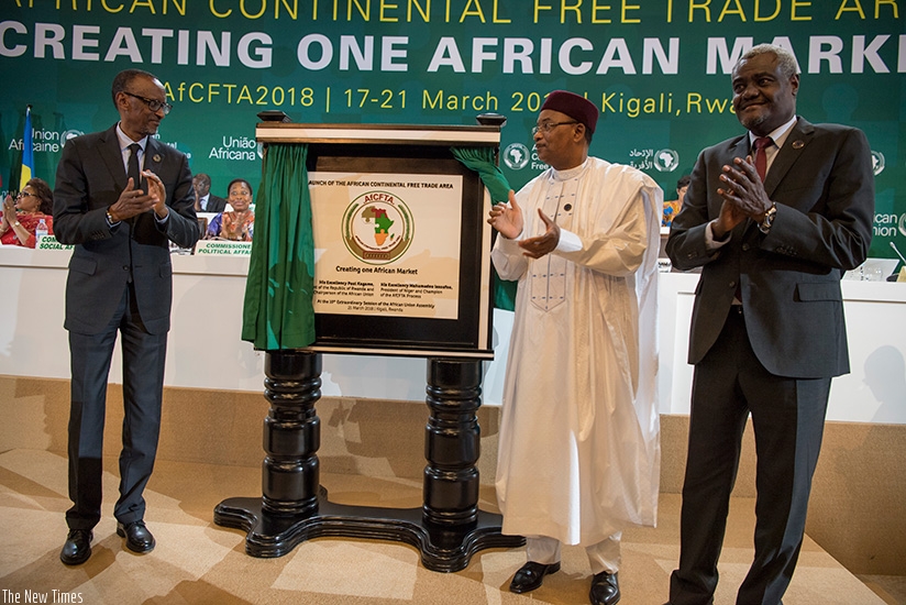 The Chairperson of the African Union, President Paul Kagame; the Champion of the African Continental Free Trade Area, President Mahamadou Issoufou of Niger; and the Chairperson of ....