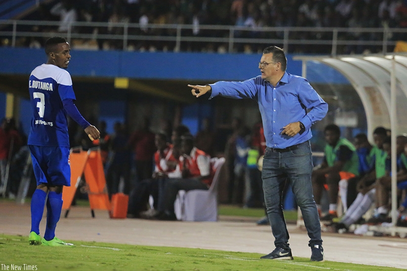 Mannaert gives instructions to his players during the game with Mamelodi Sundowns. Rayon Sports have been drawn against Costa do Sol in CAF Confed Cup Playoff tie. S. Ngendahimana.