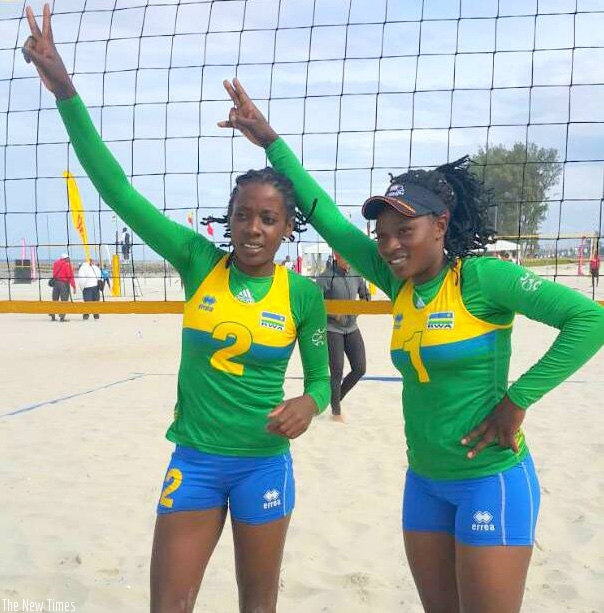 Rwandan beach volleyball queens Mutatsimpundu (left) and Nzayisenga are ranked 332nd in FIVB Womenu2019s World ranking. File.