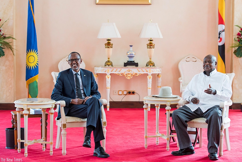 Presidents Kagame and Museveni at the State House in Entebbe, Uganda yesterday. Kagame paid a one-day official visit to the neighbouring country during which the two leaders discus....