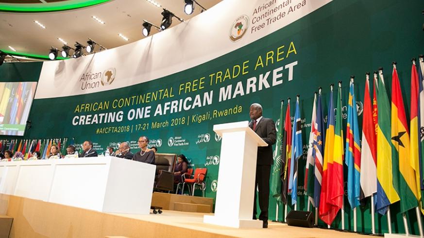 African Union Commission Chairperson Moussa Faki Mahamat delivers his remarks at the Heads of State and Government summit in Kigali. (Courtesy)