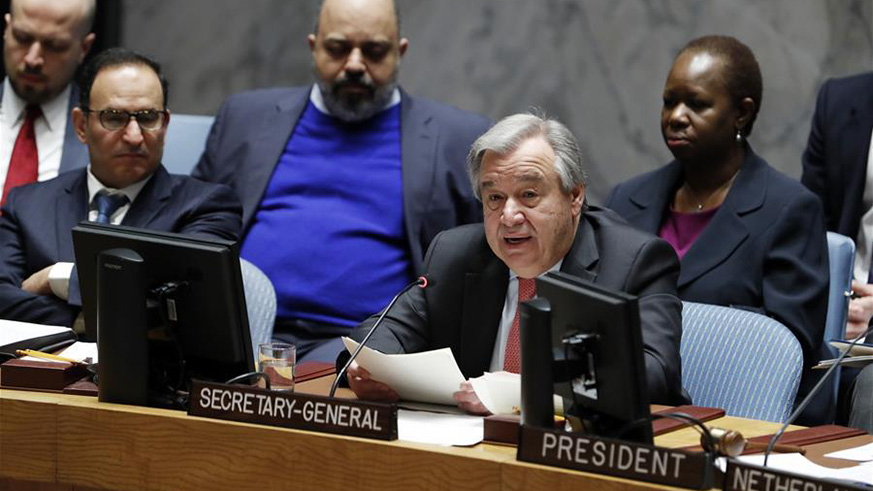 UN Secretary-General Antonio Guterres (R, Front) addresses a UN Security Council high-level debate on peacekeeping at the UN headquarters in New York, on March 28, 2018. UN Secretary-General Antonio Guterres on Wednesday called for strong collective action to deal with the serious challenges to the UN peacekeeping. (Xinhua/Li Muzi)
