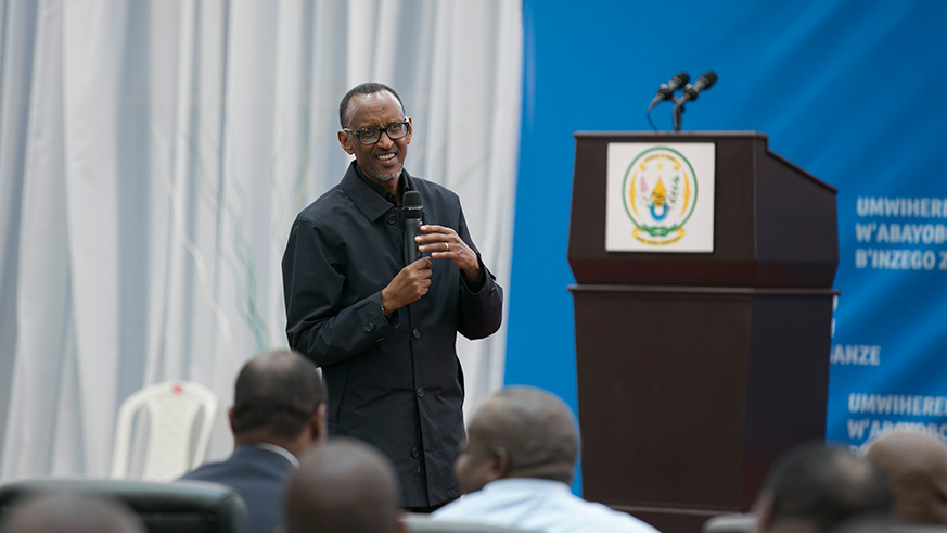 President Paul Kagame addresses some 1,300 local leaders at Petit Stade in Remera, Kigali yesterday. Speaking at the opening of a three-day retreat of local leaders, the President challenged leaders to serve with diligence, embrace accountability and to be results-oriented in their work. Village Urugwiro.