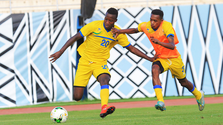 Striker Lague Byiringiro (L), seen here in a training session, scored the equaliser as Rwanda and Kenya drew 1-1 in the 2019 U-20 Africa Cup of Nations qualifier yesterday. Sam Ngendahimana.