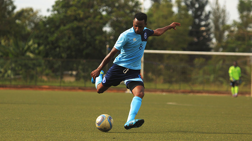 Police FC striker Justin Mico scores the opening goal as his side eliminate Musanze FC in Peace Cup at Kicukiro football pitch (Sam Ngendahimana)