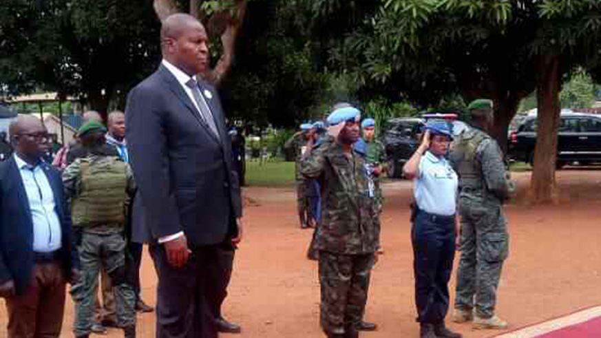 Central African Republic President Faustin-Archange TouadÃ©ra observers a minute of silence during commemoration of the 1994 Genocide against the Tutsi in Bangui. Rwandan peacekeepers in the country were joined by senior government officials of the Central African republic in honouring the victims of the Genocide. courtesy.