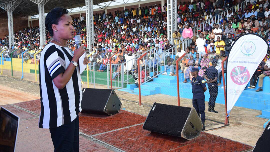 The Minister of Youth speaking during the campaign against drugs in Muhanga