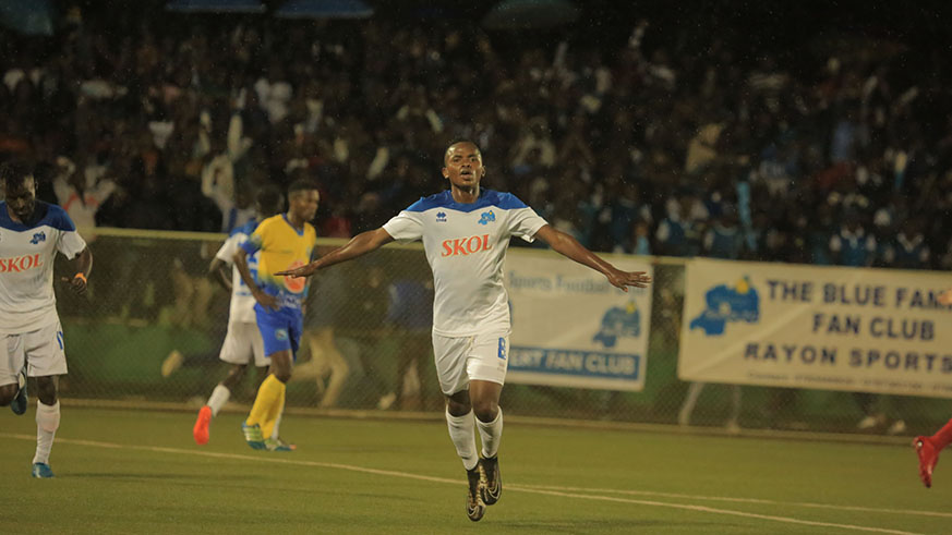 Kevin Muhire celebrates his goal and Rayon Sports' second on the night