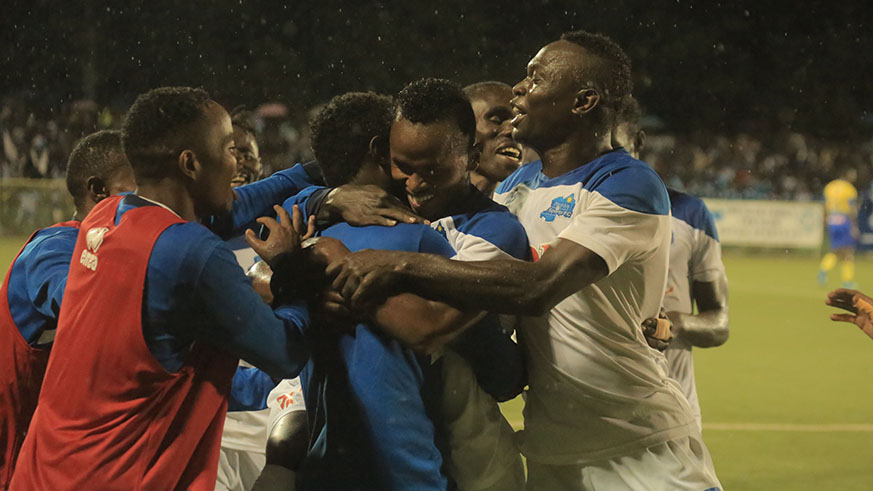 The Blues players celebrate the second goal during 3-0 win against Club Desportivo Costa Do Sol in Kigali (Sam Ngendahimana)