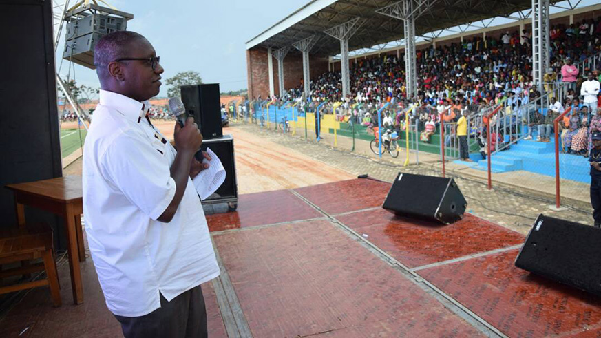 State Minister in the Ministry of Health, Dr. Patrick Ndimubanzi speaking to residents of Muhanga during the awareness against illicit drugs