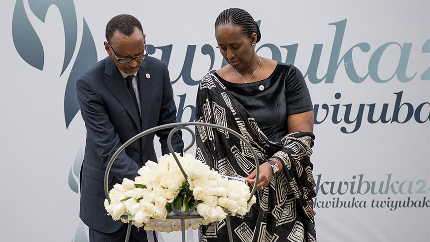 President Kagame and First Lady Jeannette Kagame lay a wreath at the Kigali Genocide Memorial centre in Gisozi yesterday during commemoration of the 1994 Genocide against the Tutsi. Village Urugwiro.