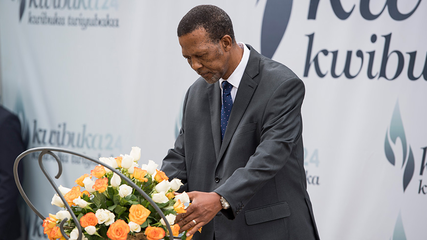 South Africa High Commissioner to Rwanda and also Dean of Diplomatic Corps to Rwanda George Twala lays a wreath at the Kigali Genocide Memorial centre in Gisozi.