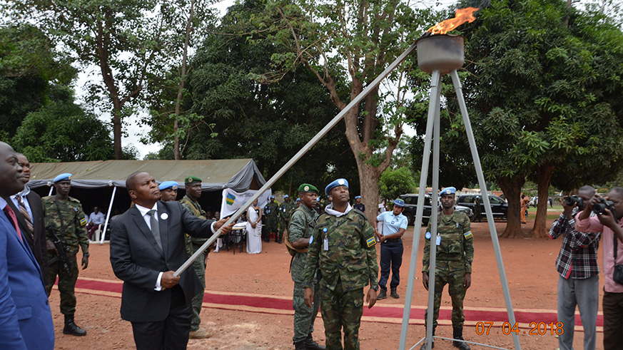 President Faustin Archange Touadera  lights a Flame of Remembrance during the commemoration of the 1994  Genocide against the Tutsi, held in CAR. 