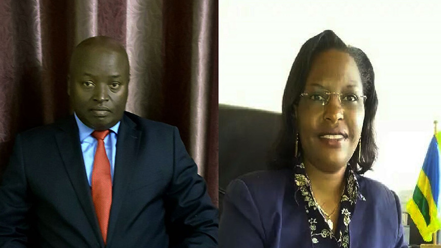 Colonel Jeannot Kibezi Ruhunga (left) and Isabelle Kalihangabo were on Monday appointed as Secretary General and Deputy Secretary General of the newly-formed Rwanda Investigation Bureau (RIB).