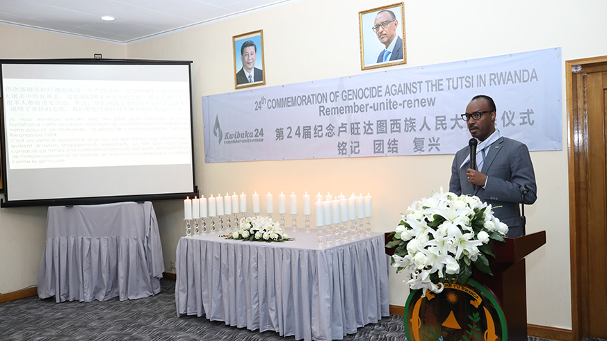 Ambassador of Rwanda to China, Charles Kayonga addresses mourners in China. (Courtesy)