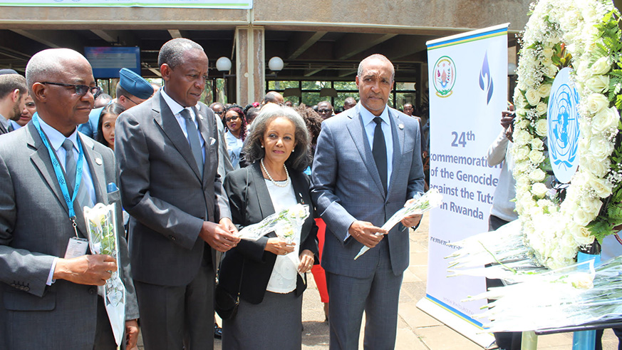 Amabassador Kimonyo, Sahle-Work Zewde, Director-General of the United Nations Office at Nairobi and Macharia Kamau at the 24th Commemoration of the Genocide against Tutsi in Nairobi. (Courtesy) 
