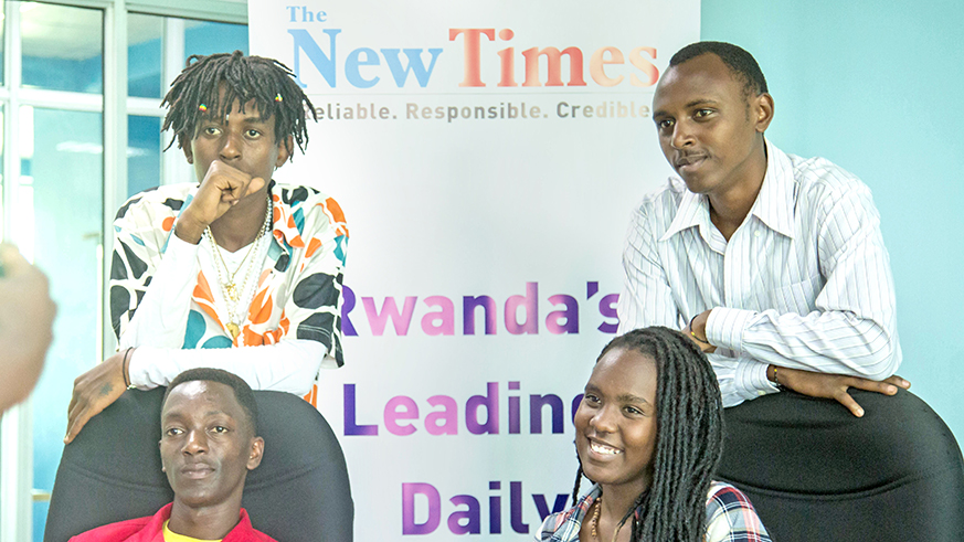 CLOCKWISE: Nganji On The Beat, Prime Mazimpaka, Weya Viatora, and Ice Nova at The New Times head office yesterday. Nadu00e8ge Imbabazi.