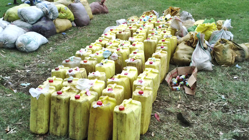 Jerrycans of kanyanga and various other illegal substances were seized by the Police recently in Burera District. Ru00e9gis Umurengezi.