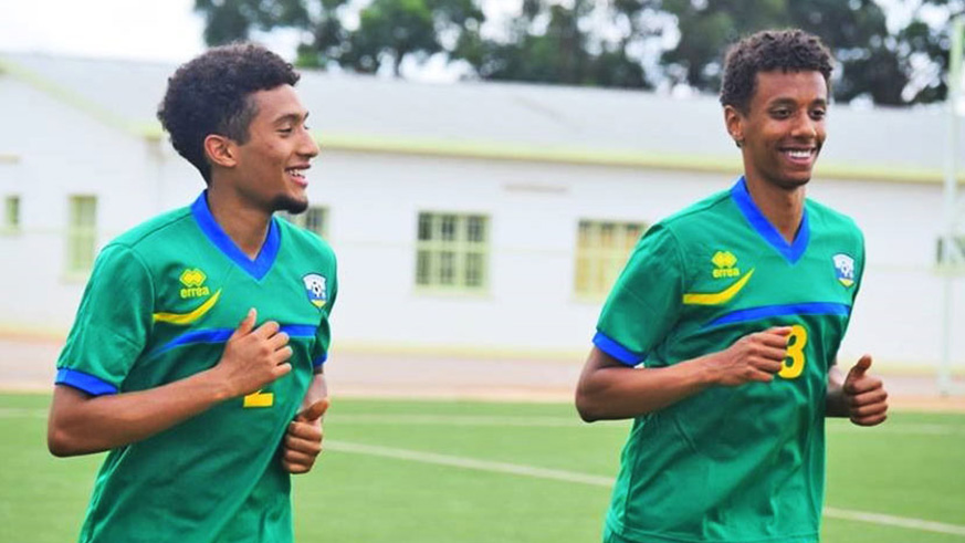 Rwandan players Dylan Maes and Samuel Gueulette during training at Kigali Stadium yesterday. Courtesy.