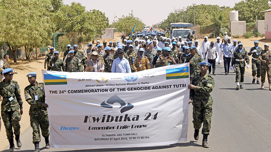 African Union-United Nations Hybrid Operation in Darfur (UNAMID) peacekeepers on April 7 commemorated the International Day of Reflection on the Genocide Against the Tutsi in Rwanda with a ceremony at the Missionu2019s headquarters in El Fasher, North, Sudan The event, attended by the Missionu2019s Force Commander, Lt Gen Leonard Ngondi, included a march by various contingents serving under UNAMID. Rwanda, which maintains a peacekeeping contingent in Darfur, is observing a weeklong official commemoration of the Genocide, which claimed over a million of its citizens. Photo/Marong Lamin.