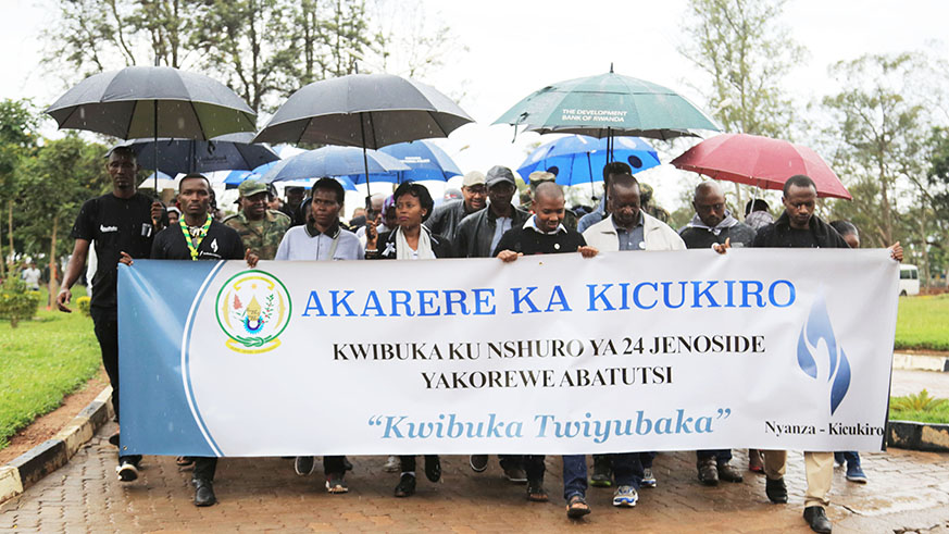 Hundreds of mourners on Wednesday braved the rain to make the trek from former ETO-Kicukiro (IPRC-Kigali) to Nyanza Genocide Memorial for a commemoration event in honour of the over 2000 Tutsi killed at Nyanza Hill. The event discussed how the Tutsi were abandoned by the International Community in their hour of need. Most of the victims were made to walk from ETO-Kicukiro to their death after they were abandoned by Belgian peacekeepers who were part of the UN Mission in Rwanda at the time. Sam Ngendahimana.