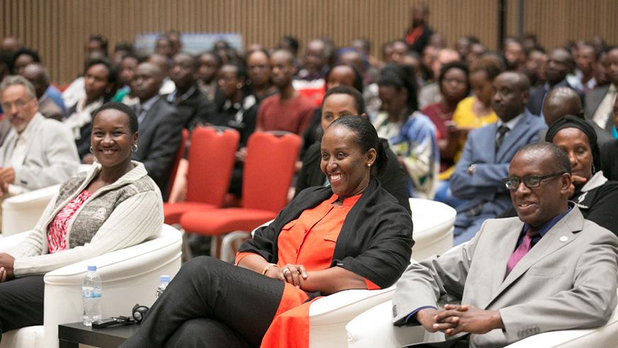 First Lady Mrs Jeannette Kagame; Sports and Culture minister, Uwacu Julienne (L) and Dr Jean Damascene Bizimana, the Executive Secretary of Rwanda National Commission for the Fight Against Genocide, at the Kwibuka24 Cafe Litteraire (Village Urugwiro)