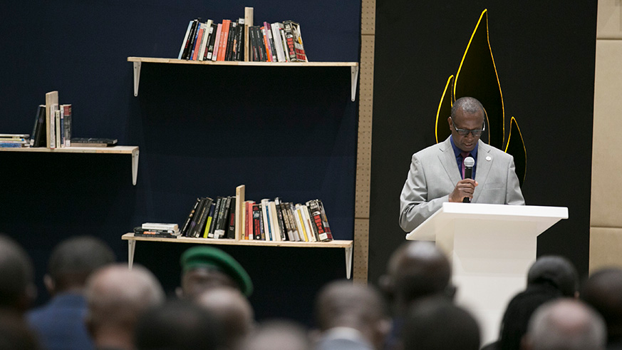 Dr Jean Damascene Bizimana, Executive of Secretary of Rwanda National Commission for the Fight Against Genocide(right), at the Kwibuka24 Cafe Litteraire.